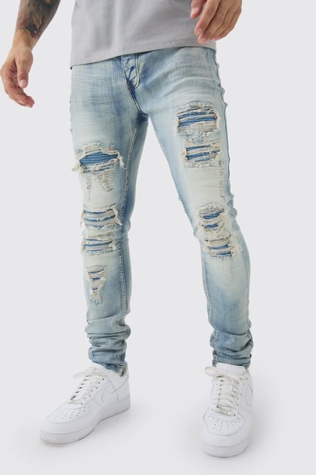 Super Skinny Stretch Washed Biker Rip & Repair Jeans - Image 1