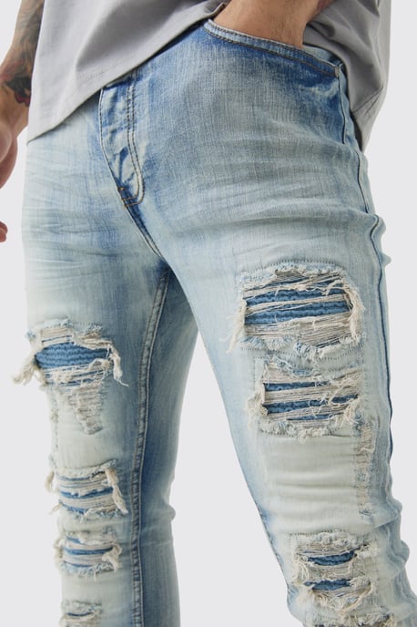 Super Skinny Stretch Washed Biker Rip & Repair Jeans - Image 3