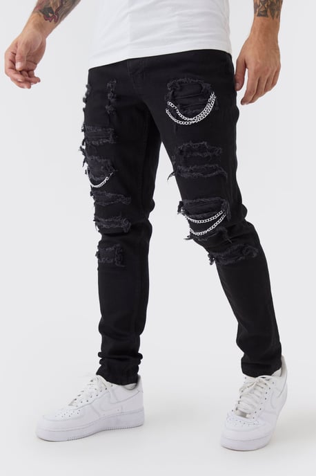 Skinny Stretch Ripped Chain Jeans - Image 1