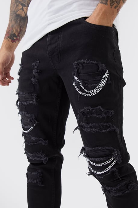 Skinny Stretch Ripped Chain Jeans - Image 3
