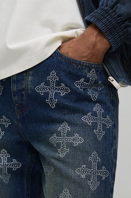 Stacked Flared Cross Rhinestone Embellished Denim Jeans - Image 3