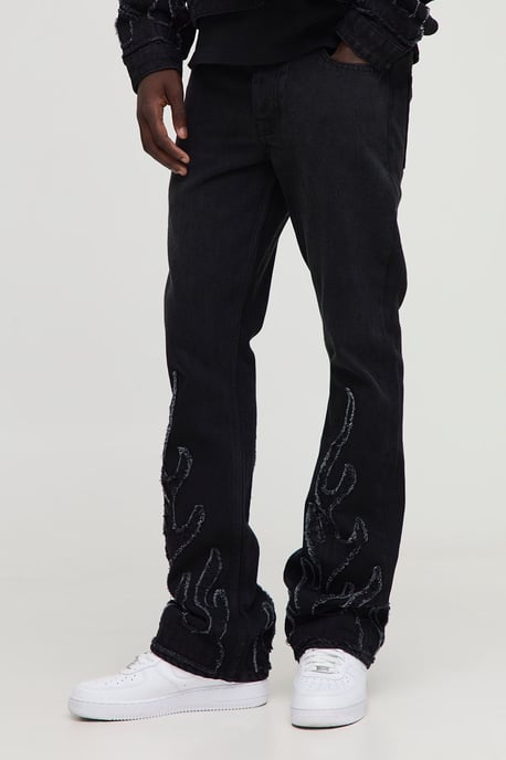 Flame Applique Stacked Slim Fit Flared Jeans - Image 1