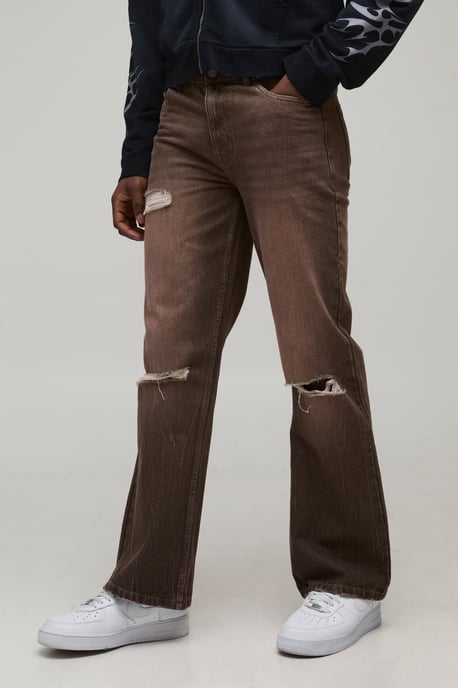 Straight Flared Knee Ripped Washed Denim Jeans - Image 1