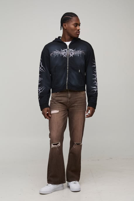 Straight Flared Knee Ripped Washed Denim Jeans - Image 4