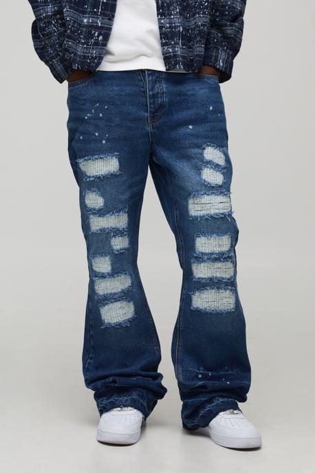 Straight Flared Stacked Stitch Ripped Detail Jeans - Image 1