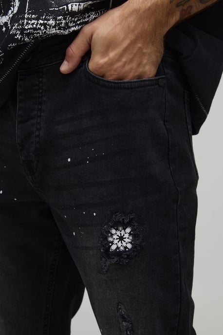 Skinny Stacked Flared Rip and Repair Bandana Paint Splatter Jeans - Image 3