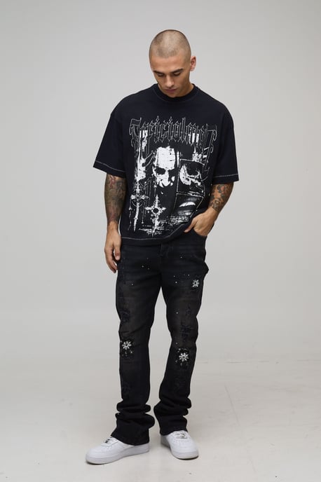Skinny Stacked Flared Rip and Repair Bandana Paint Splatter Jeans - Image 4