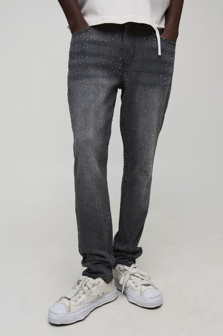 Slim Flared Clear Rhinestone Embellished Denim Jeans - Image 1