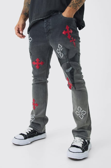 Skinny Stretch Flare Cross Applique Jeans - Image 1