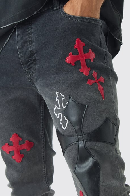 Skinny Stretch Flare Cross Applique Jeans - Image 3
