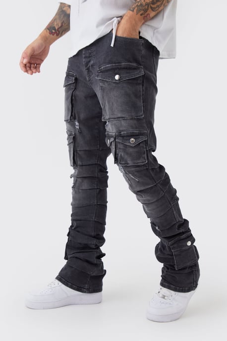 Skinny Stacked Multi Cargo Pocket Flared Jeans - Image 1