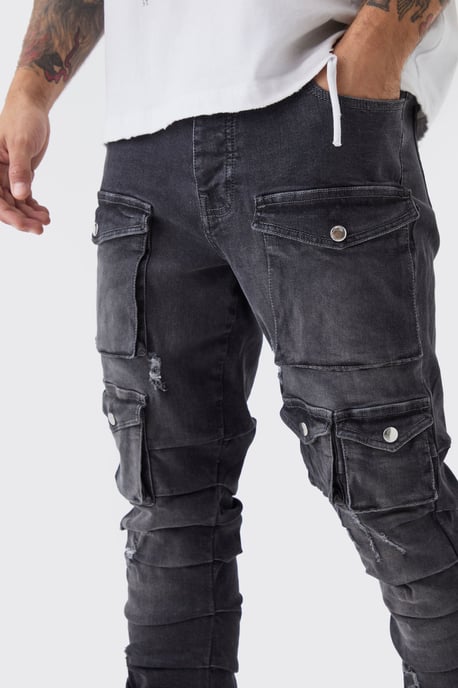 Skinny Stacked Multi Cargo Pocket Flared Jeans - Image 3