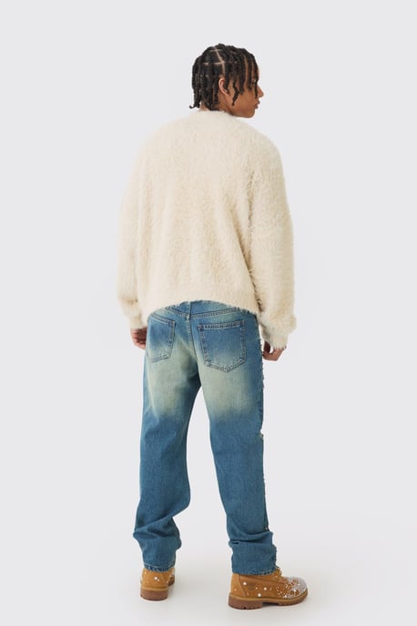 Relaxed Rigid Flared Rhinestone Embellished Ripped Jeans - Image 2