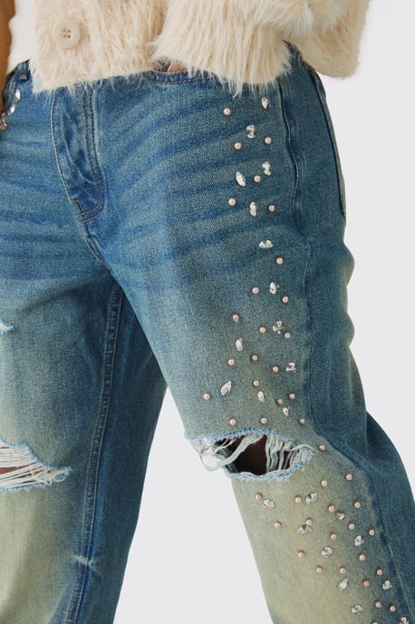 Relaxed Rigid Flared Rhinestone Embellished Ripped Jeans - Image 3