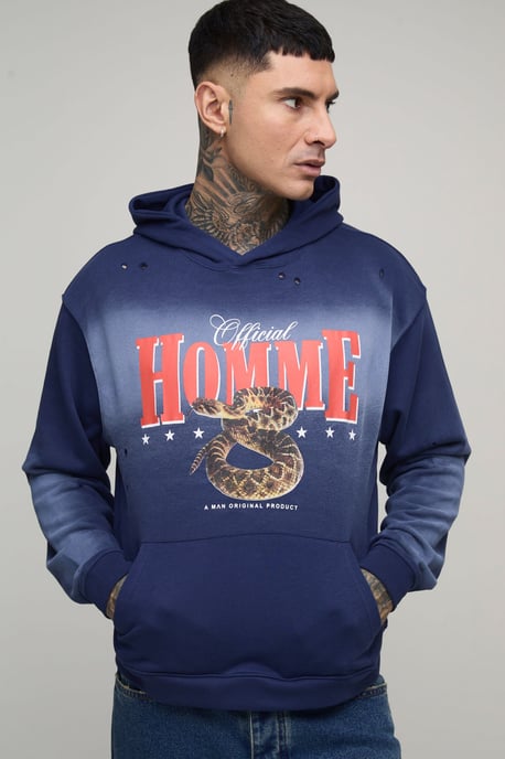 Tall Oversized Boxy Homme Western Spray Wash Distressed Hoodie - Image 1