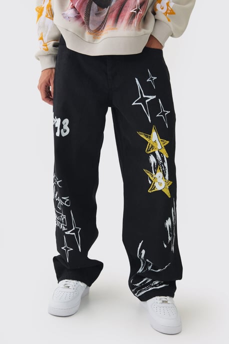 Baggy Rigid Graffiti Printed Jeans - Image 1