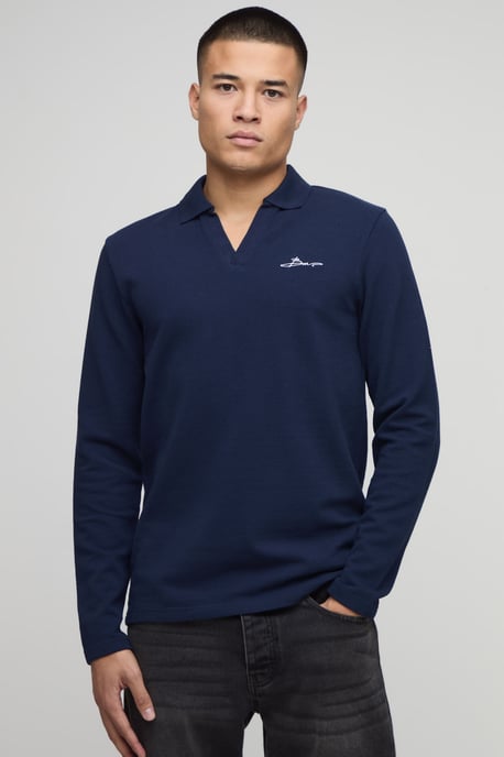 Slim Fit Long Sleeve BM Signature Embroidered V Neck Textured Polo - Image 1