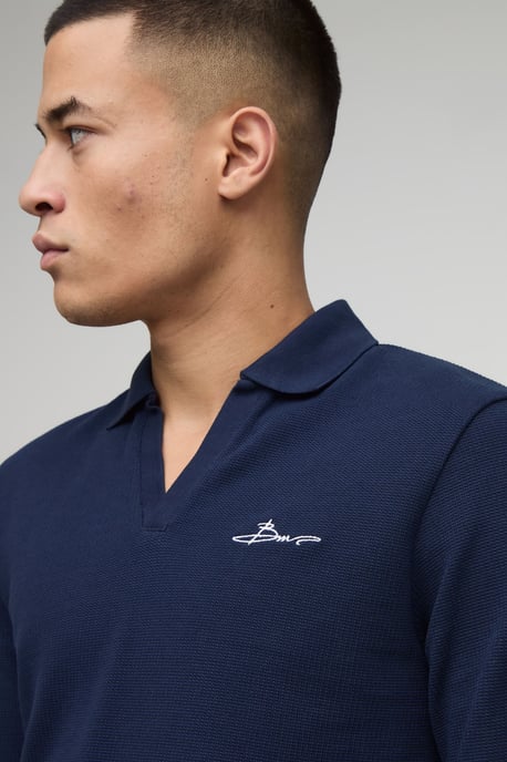 Slim Fit Long Sleeve BM Signature Embroidered V Neck Textured Polo - Image 3