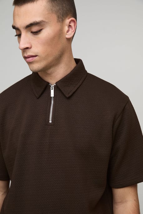 Regular Fit Heavyweight Textured Herringbone Zip Neck Polo - Image 3