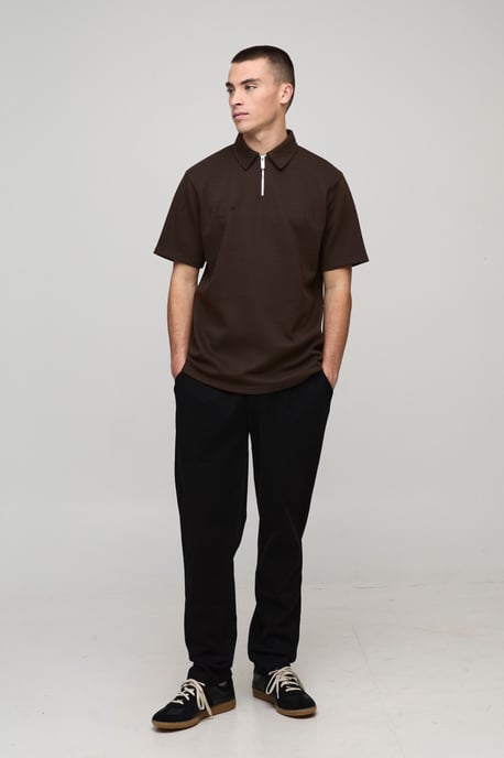 Regular Fit Heavyweight Textured Herringbone Zip Neck Polo - Image 4
