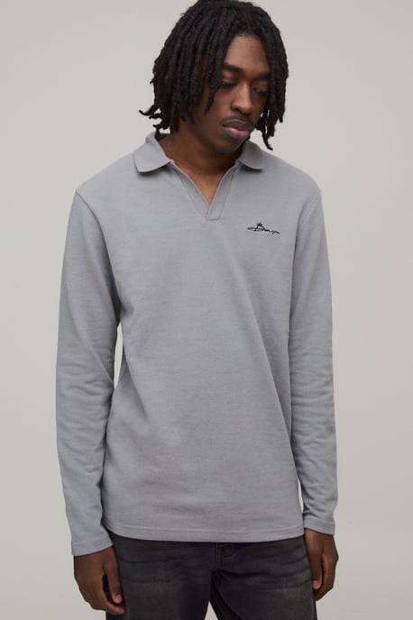 Slim Fit Long Sleeve BM Signature Embroidered V Neck Textured Polo - Image 1