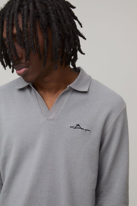 Slim Fit Long Sleeve BM Signature Embroidered V Neck Textured Polo - Image 3