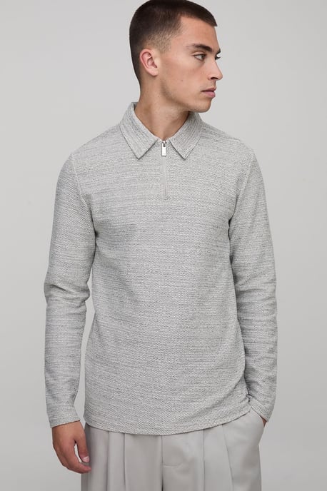 Slim Fit Heavyweight Pique Zip Neck Long Sleeve Polo - Image 1