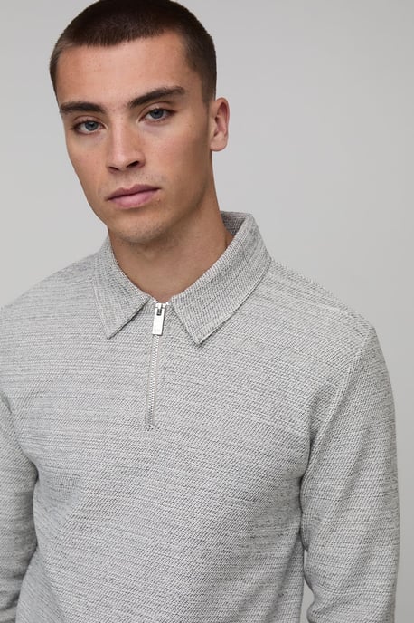 Slim Fit Heavyweight Pique Zip Neck Long Sleeve Polo - Image 3