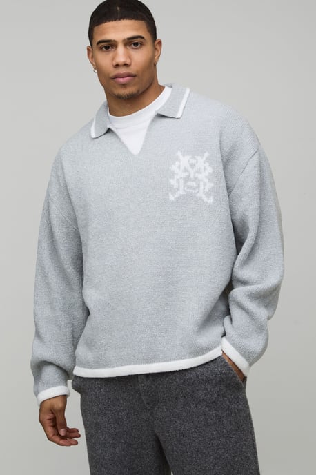 Oversized Boxy V Neck Mixed Boucle Polo Jumper - Image 1