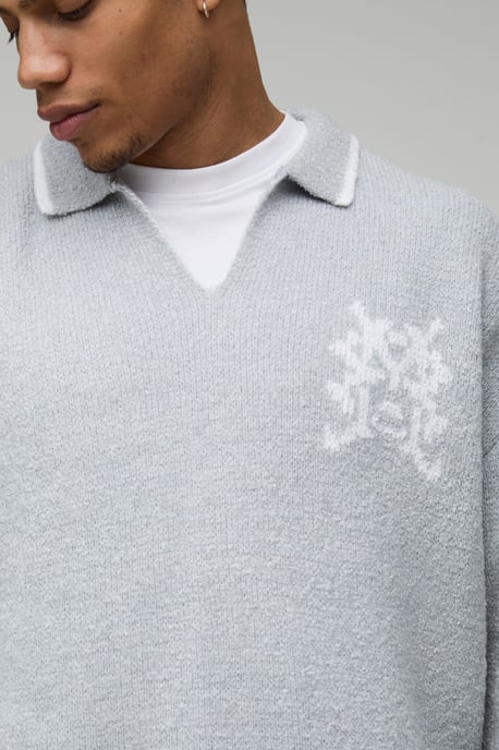 Oversized Boxy V Neck Mixed Boucle Polo Jumper - Image 3
