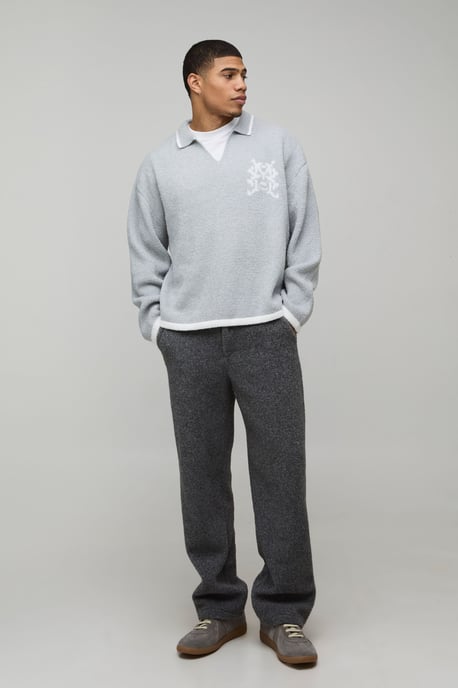 Oversized Boxy V Neck Mixed Boucle Polo Jumper - Image 4