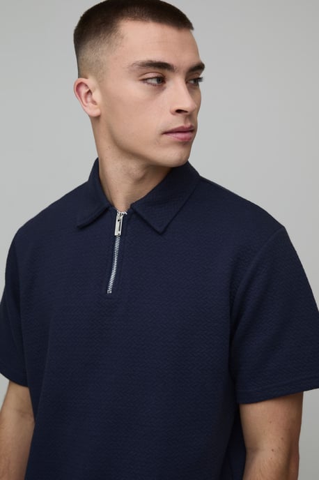 Regular Fit Heavyweight Textured Herringbone Zip Neck Polo - Image 3