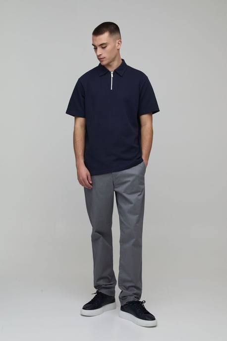 Regular Fit Heavyweight Textured Herringbone Zip Neck Polo - Image 4