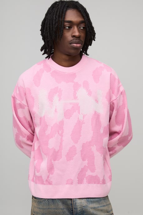 Oversized Boxy Ribbed Camo Graphic Knitted Jumper - Image 1