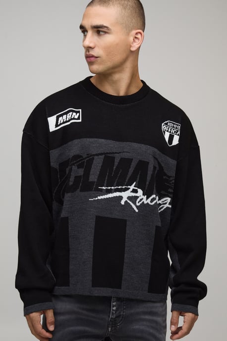 Oversized Boxy Moto Jacquard Knitted Jumper - Image 1