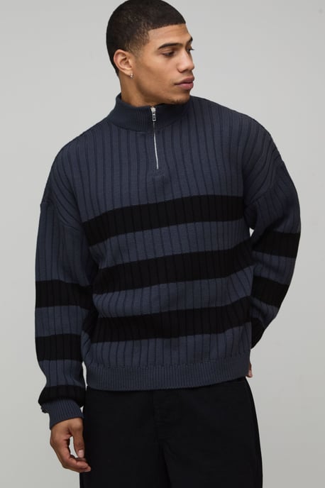 Relaxed Boxy Ribbed Knitted 1/4 Zip Jumper - Image 1
