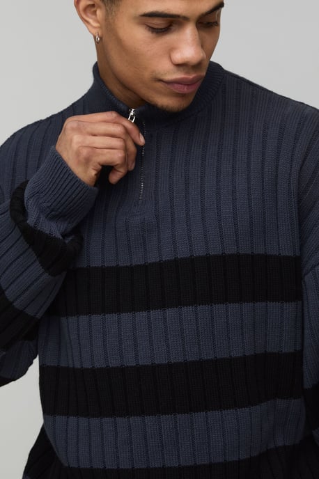 Relaxed Boxy Ribbed Knitted 1/4 Zip Jumper - Image 3