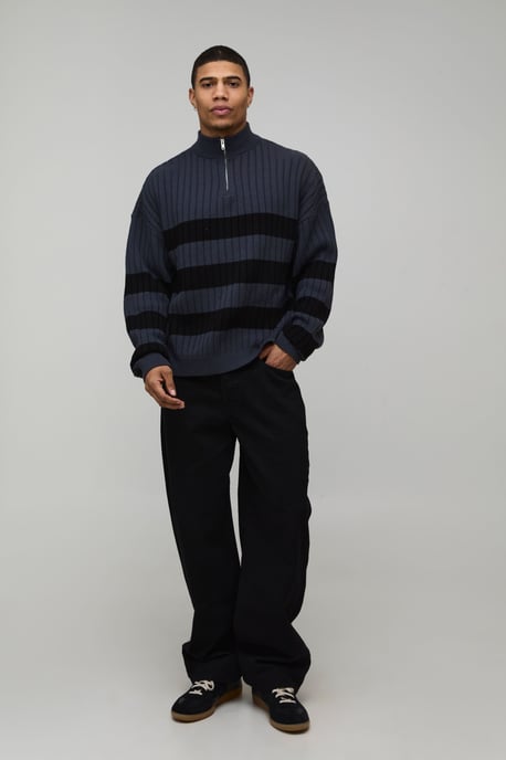 Relaxed Boxy Ribbed Knitted 1/4 Zip Jumper - Image 4