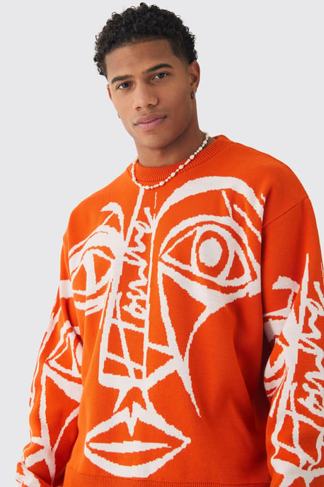 Oversized Boxy Abstract Line Face Knitted Jumper - Image 3