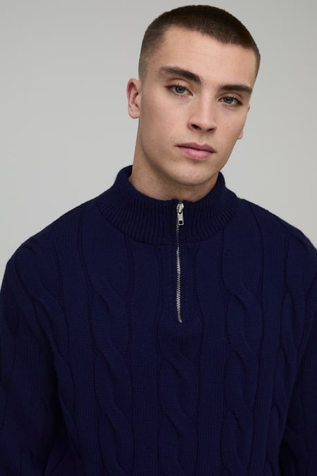 Regular Fit Cable Knitted 1/4 Zip Jumper - Image 3