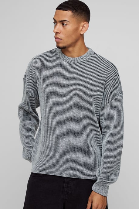 Boxy Crew Neck Dropped Shoulder Plated Ribbed Knit Jumper - Image 1