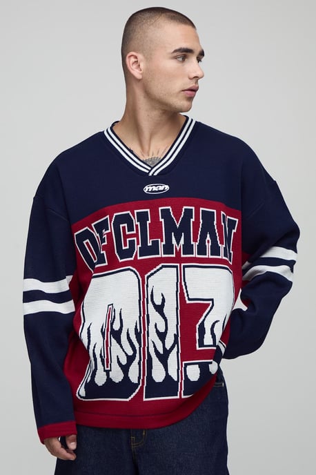 Man Flame Varsity Jacquard Knitted Hockey Sports Top - Image 1