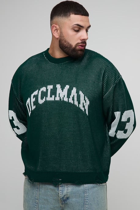 Plus Ribbed Knit Oversized Distressed Varsity Jumper - Image 1