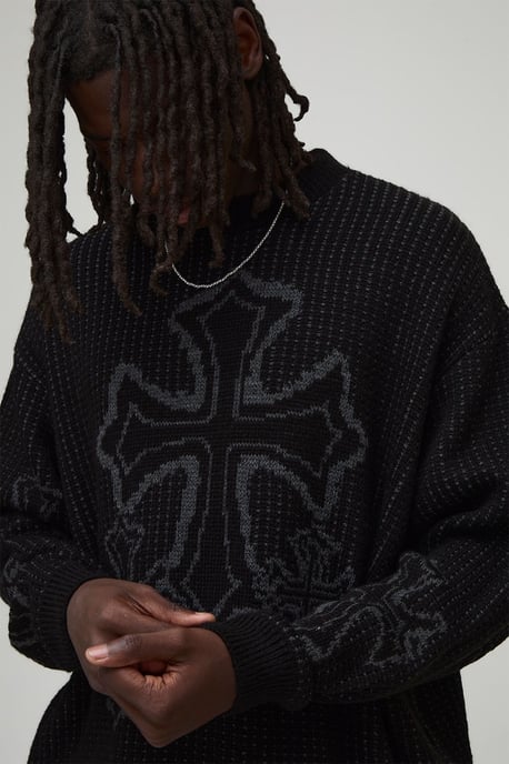 Oversized Boxy Fluffy Cross Jacquard Knitted Jumper - Image 3