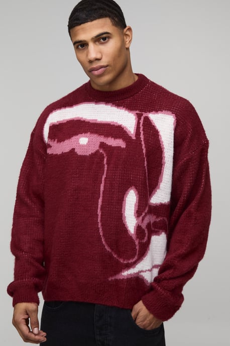 Oversized Boxy Brushed Abstract Face Knitted Jumper - Image 1