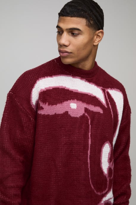 Oversized Boxy Brushed Abstract Face Knitted Jumper - Image 3