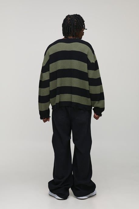Tall Oversized Boxy Stripe Distressed Knitted Jumper - Image 2