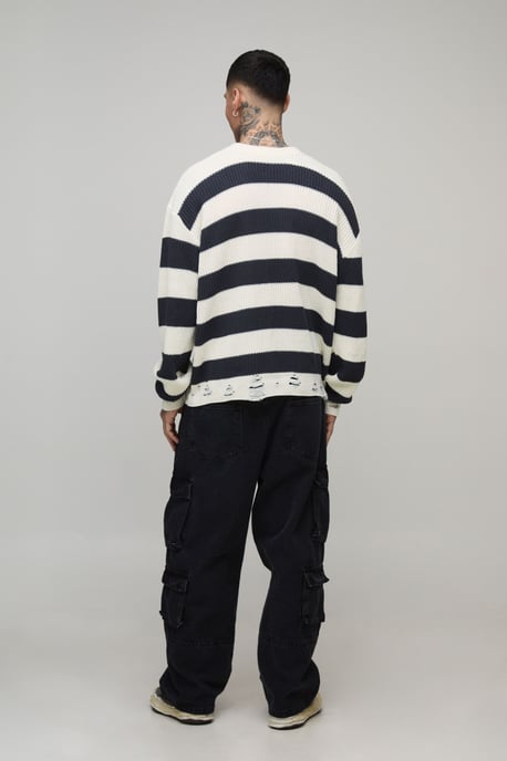 Tall Boxy Distressed Striped Knitted Jumper - Image 2