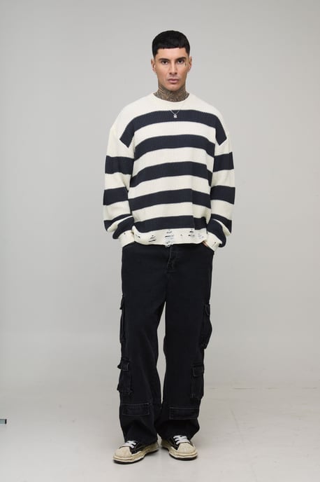 Tall Boxy Distressed Striped Knitted Jumper - Image 4