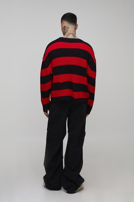 Tall Oversized Boxy Stripe Distressed Knitted Jumper - Image 2